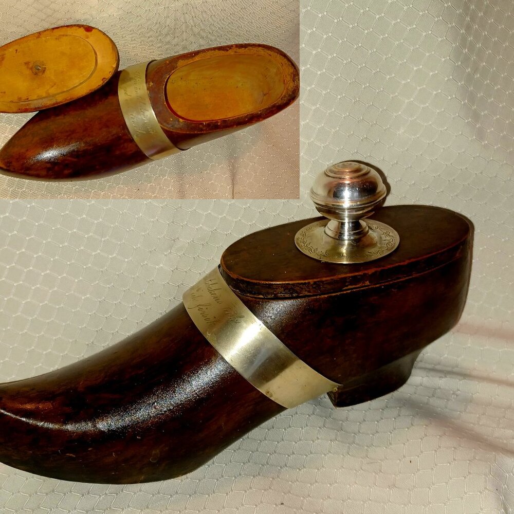 Old Hand Carved Swedish Humidor - WOODEN SHOE - Wood & Silver